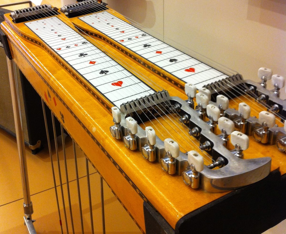 A 1970 Sho-Bud double-neck pedal steel guitar, the Baldwin Crossover, with card-suit fret markers